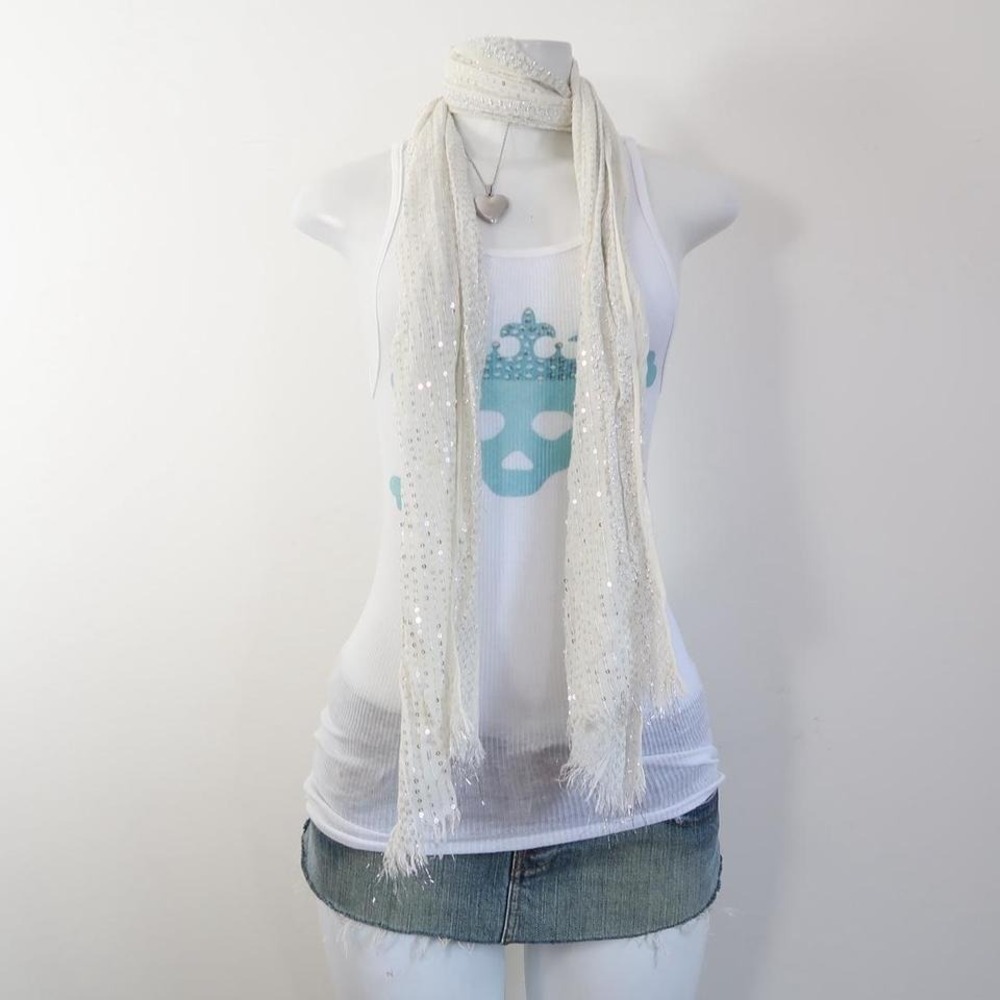 y2k sequin skinny scarf cream head wrap accessory